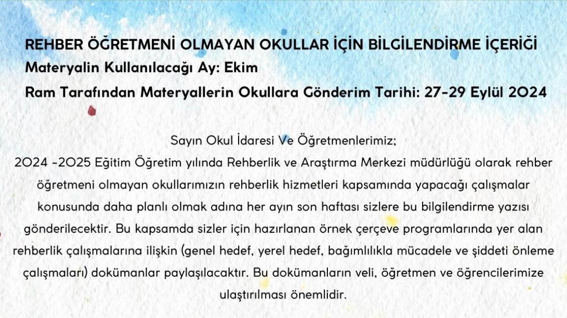 Rehber Öğretmen Olmayan Okullarda 2024 Ekim Ayı Rehberlik Çalışmaları